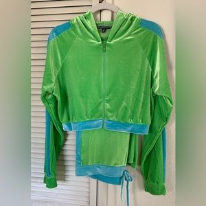 Lime & baby blue velour crop top & track pants hoodie set•new without tag•